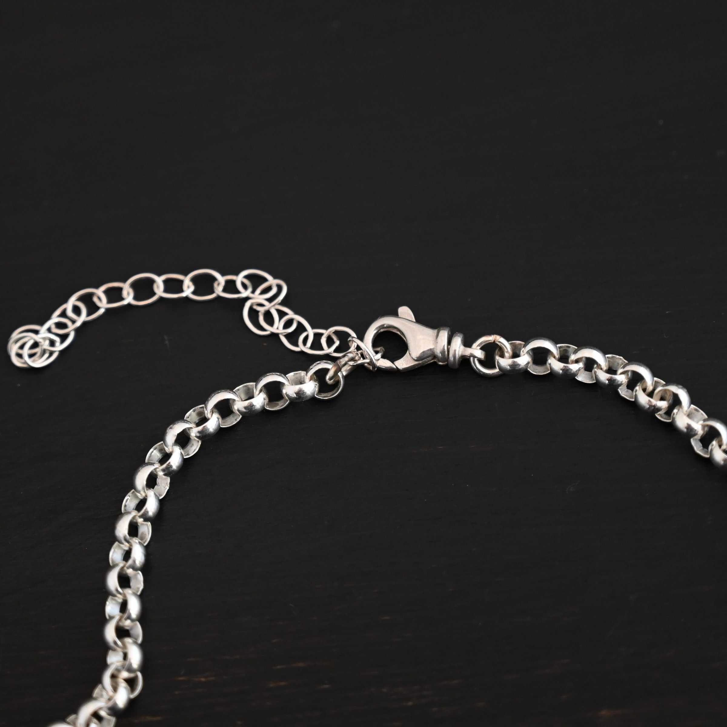 Close up of the shiny sterling silver Roxy Rolo Chain that is made with small circular links with an emphasis on the lobster claw clasp of the chain