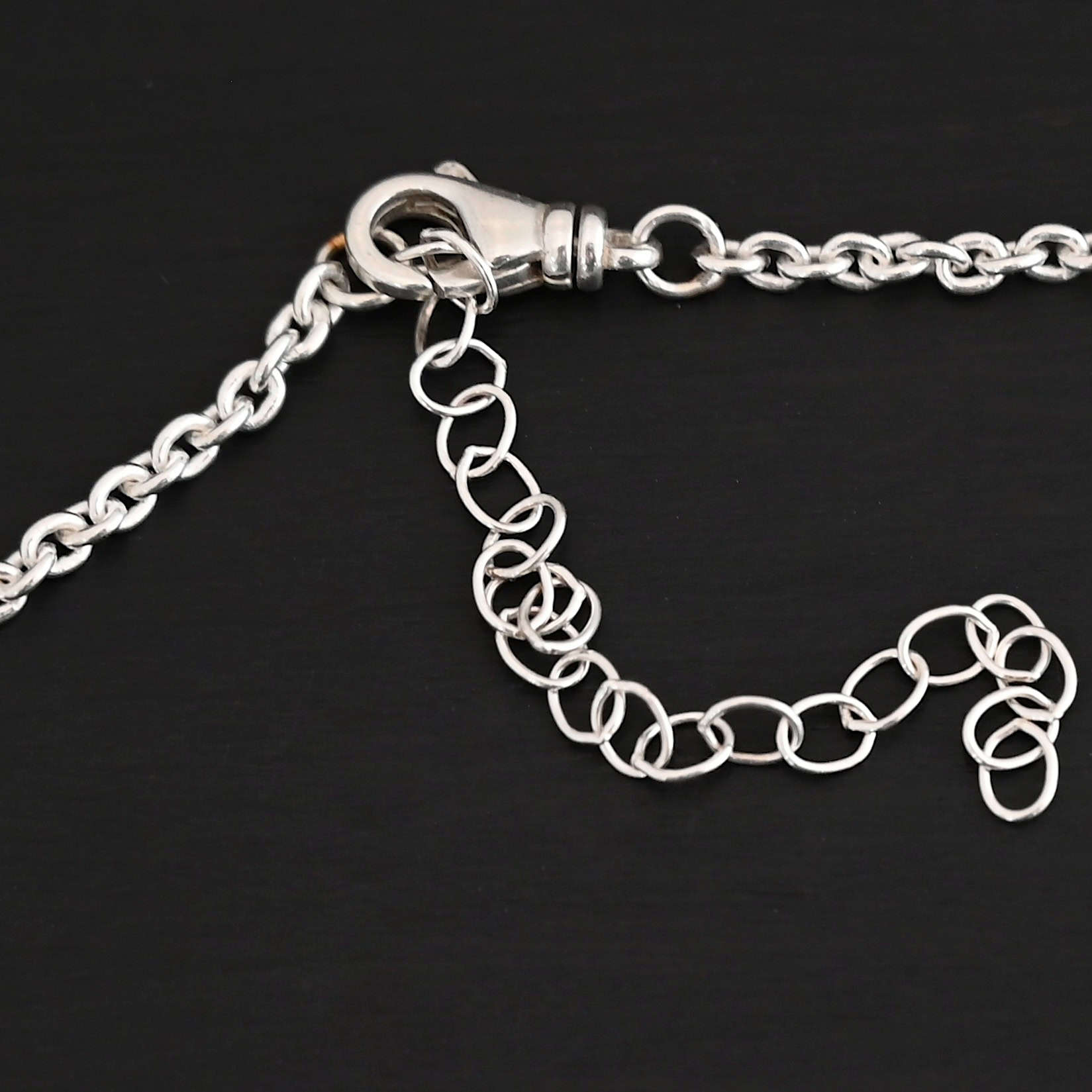 Savannah Chain Shiny Close up of a shiny lobster claw clasp that is on a sterling silver Savannah Chain with circle links that is laying against a dark background. Links measure 3x2mmx.7mm thick.