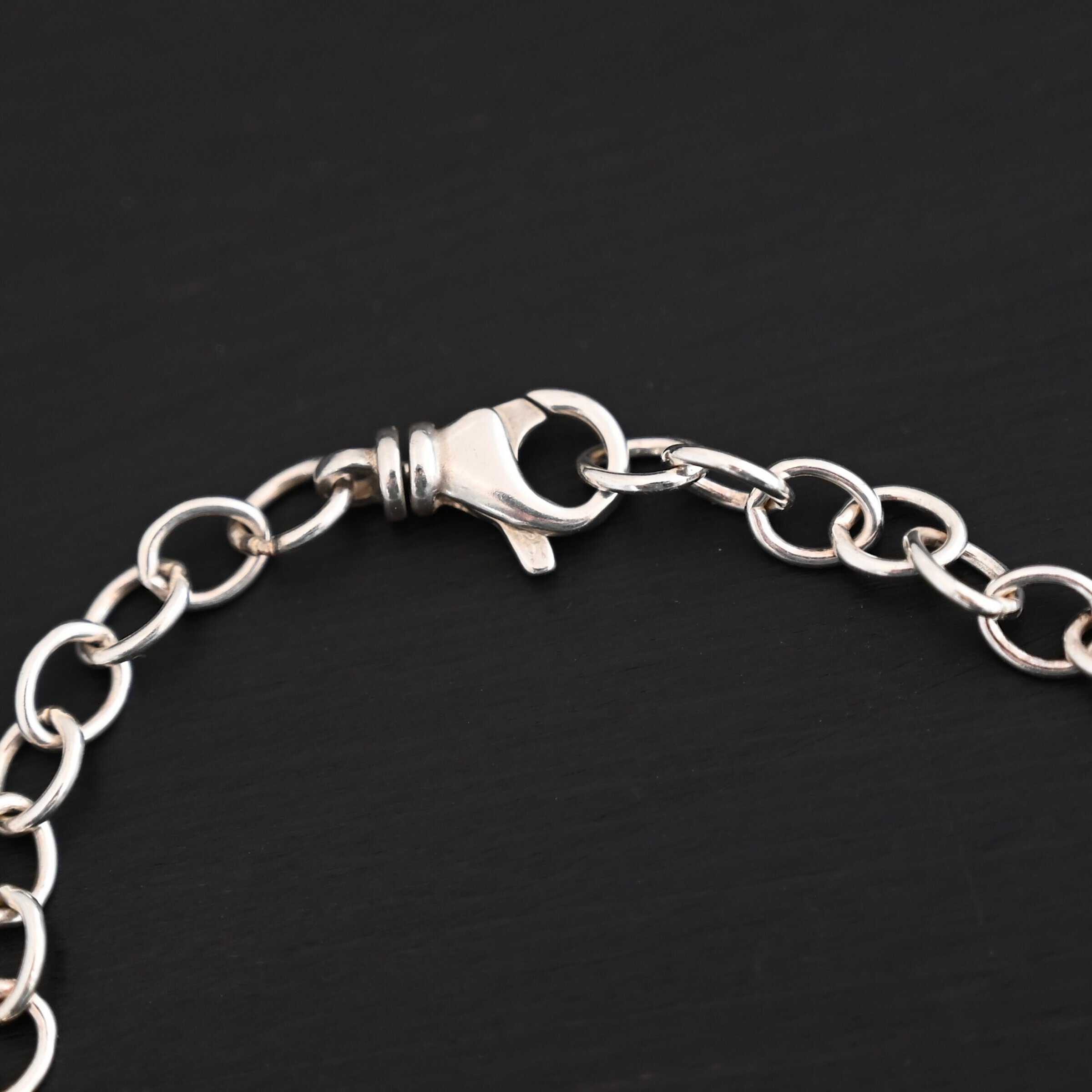 Jay Chain Shiny A close-up of the shiny sterling silver Jay chain set against a dark black background emphasizing the lobster claw clasp that the Jay chain has. Links measure 7.2×5.7mm.