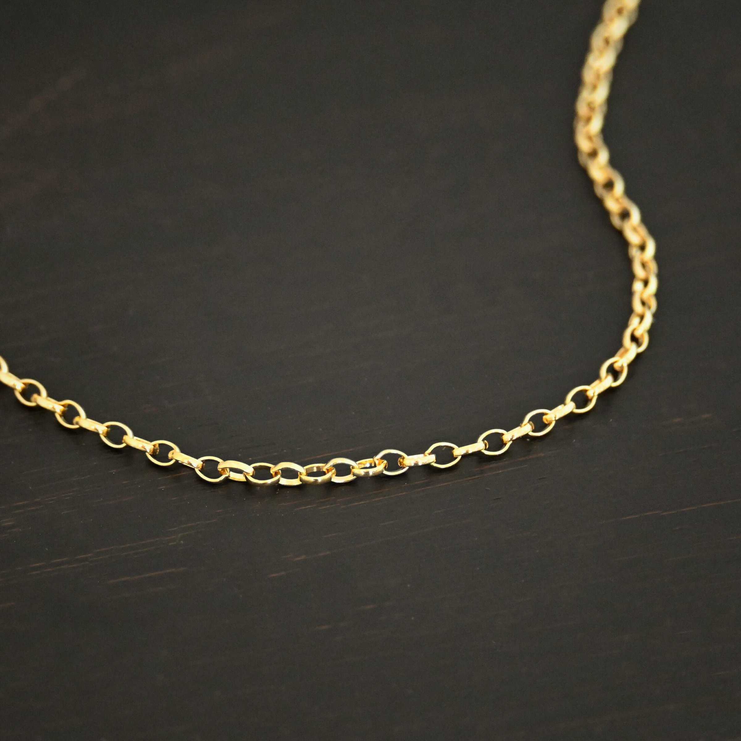 "Ruby Rolo" Chain as shown up close against a dark background. 14K Gold Filled over sterling silver with small circular links connected together. Chain is shown against a dark background.