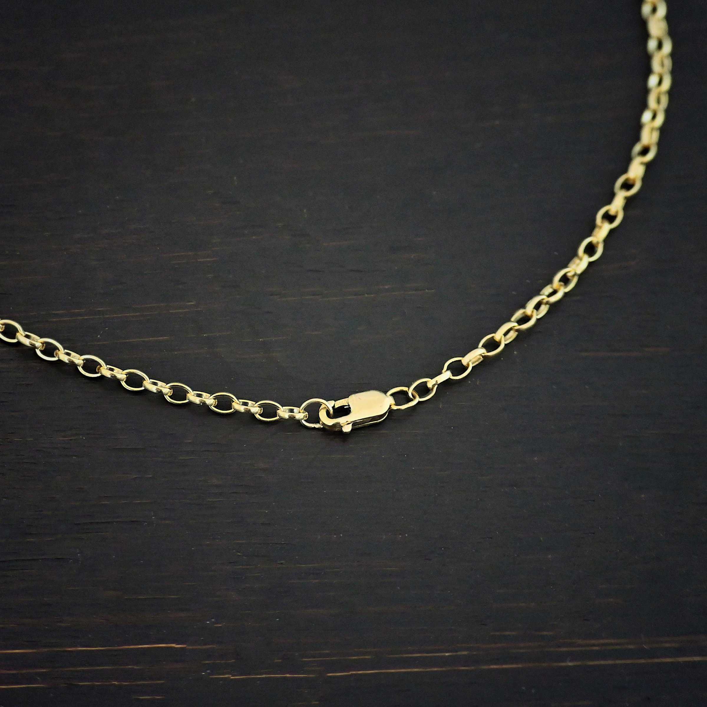 "Ruby Rolo" Chain as shown up close against a dark background. 14K Gold Filled over sterling silver with small circular links connected together. Chain has a lobster claw clasp and is laying against a dark background.