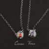 Photo of the "Small But Mighty" Collection. Made out of sterling silver and tourmalines. Each necklace has a small tourmaline in the center, one has a red color, and the other which is a purple color. Each necklace has two layers of sterling silver, and both are hammered. Each necklace also has three silver balls scattered around the pendant part of the necklace. There are two loops on the back of each pendant to connect the chain for the necklace to. From left to right, the necklaces are named Ciara and Vera. Necklaces are laying against a dark background.