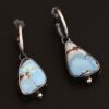 Photo of the "Frozen Land" Earrings shown up close. Earrings are made out of sterling silver and turquoise. Each earring has a triangle shaped turquoise, but the right earring's turquoise is longer than the right earring. Each turquoise is a light blue color with dark brown lines scattered around it. On the bottom of each earring is a silver ball. The top of each earring has a silver loop soldered to it. Going through the loop is the half circle post ear wire. Earrings are laying against a dark background.