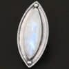 "Artemis Ring" The ring is large, marquise, vertical moonstone. There is a ball of silver on the top and bottom of it. There is textured silver around it, and a thin layer around that which is hammered.